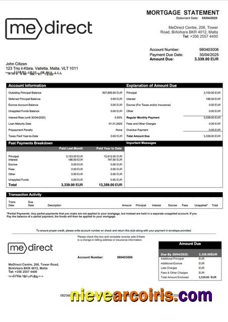 Malta MeDirect Bank mortgage statement Word and PDF template